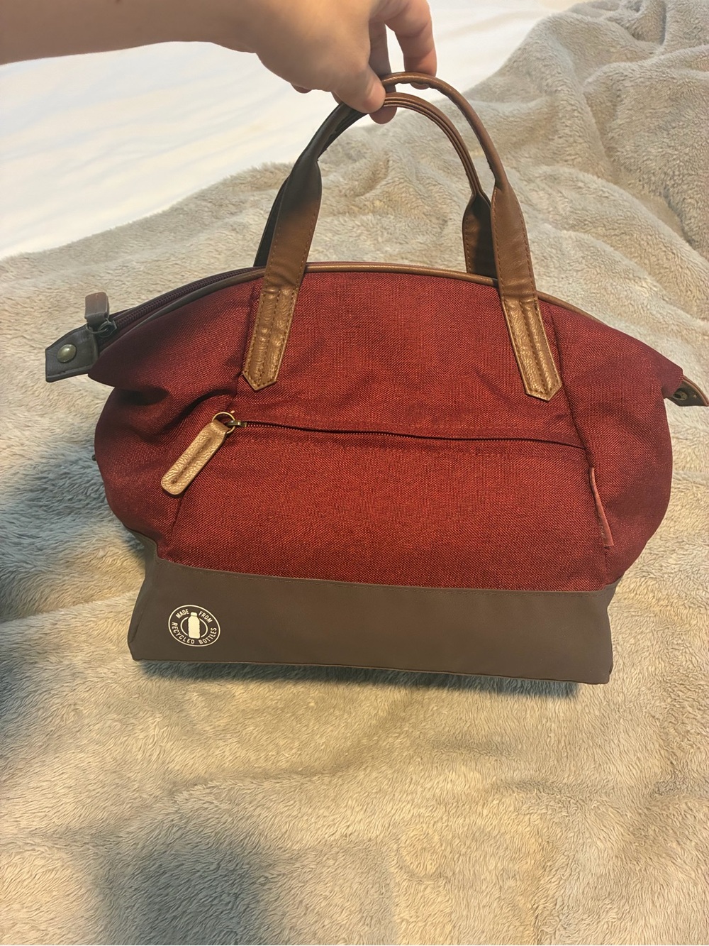 Red Canvas Insulated lunch bag with Brown Accents ~ unisex cooler bag